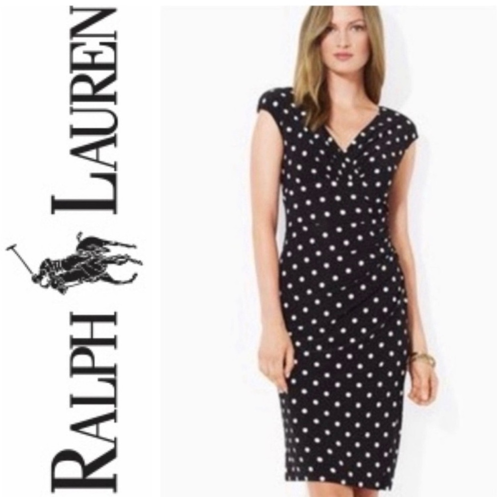 Ralph Lauren Polka Dot Ruched Midi Dress | Black & White | Size 6